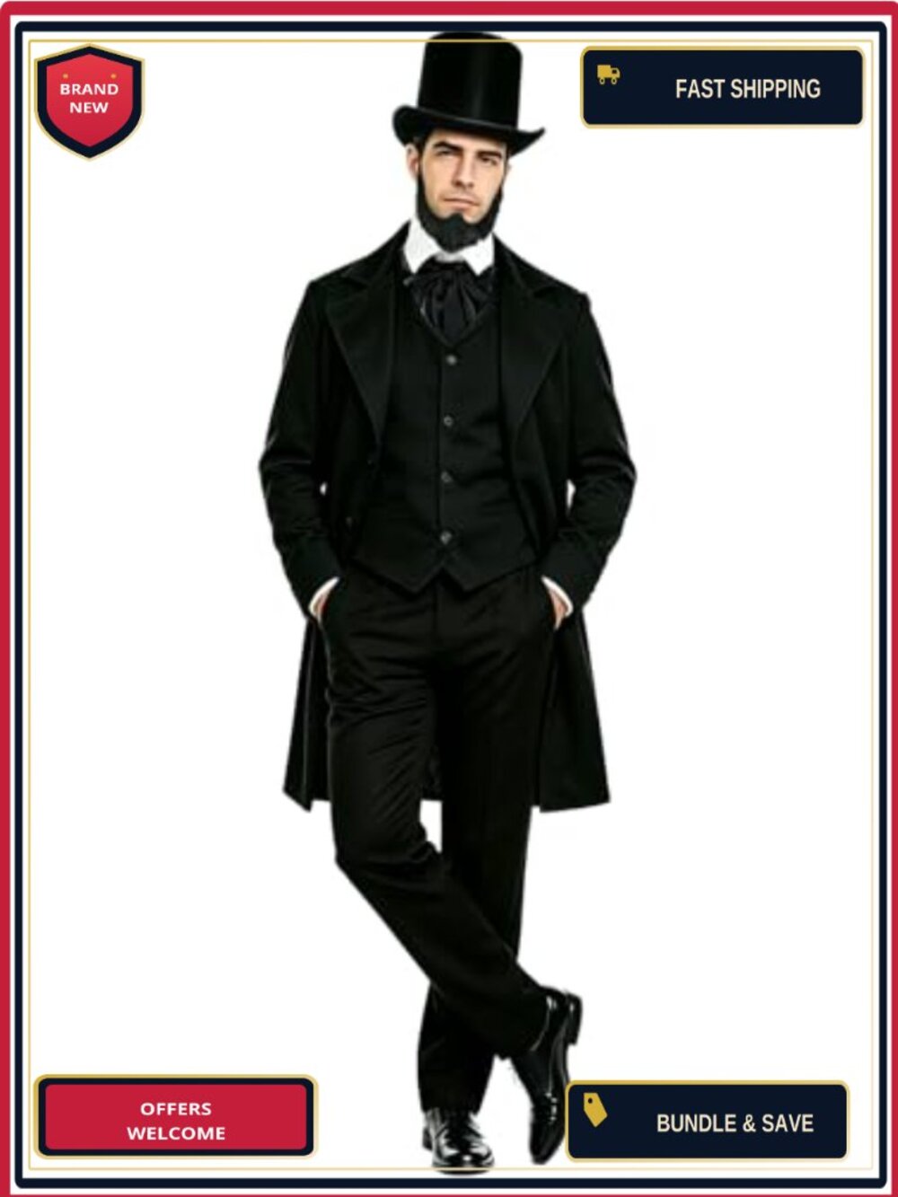 Abraham Lincoln Costume Men Adult Top Hat Beard Presidents Day Outfit